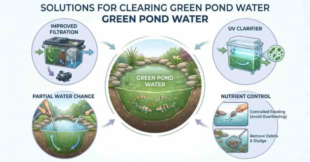Ways to clear green pond water using filtration UV clarifier water changes and nutrient control