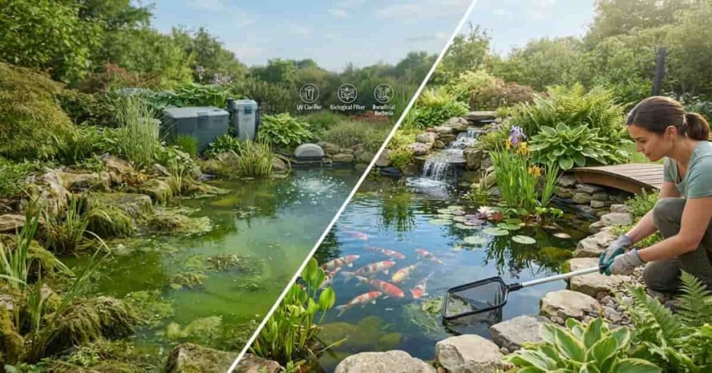 Before and after garden pond showing how to get rid of pond algae using safe treatment methods, clear water, healthy koi fish, water lilies, and proper pond filtration.