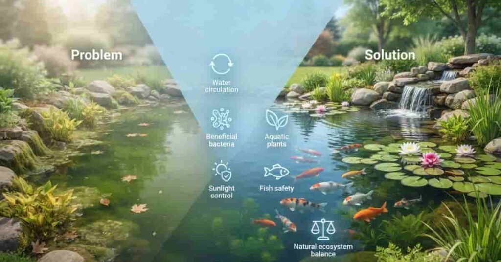 How to get rid of pond algae naturally using aquatic plants, aeration, beneficial bacteria, and fish-safe methods in a healthy backyard garden pond.