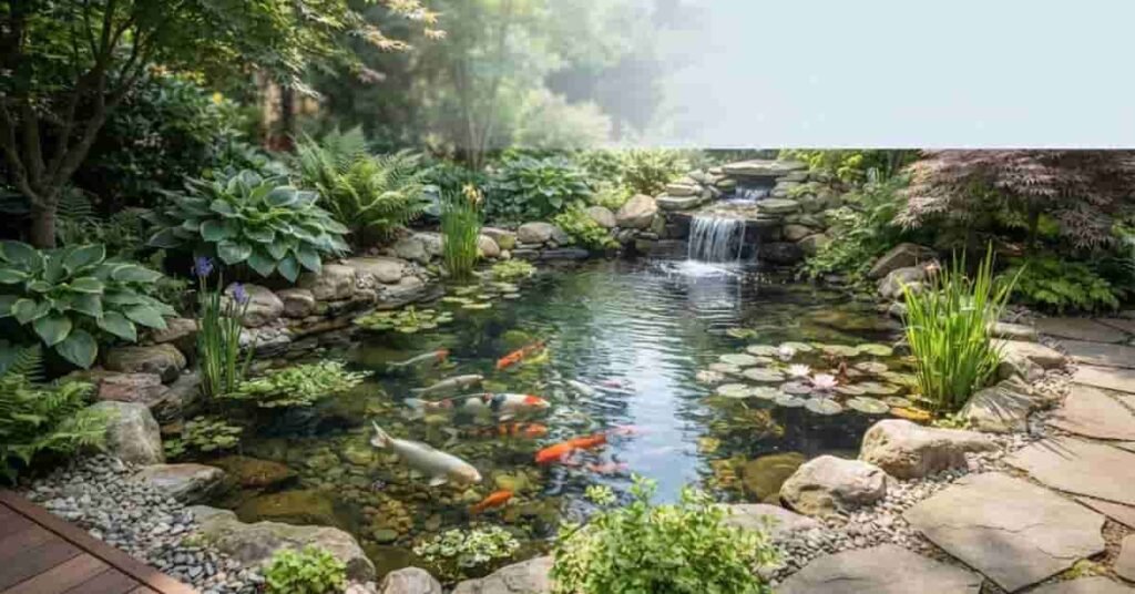 How to prevent pond algae with clear water, aquatic plants, fish, and healthy pond circulation