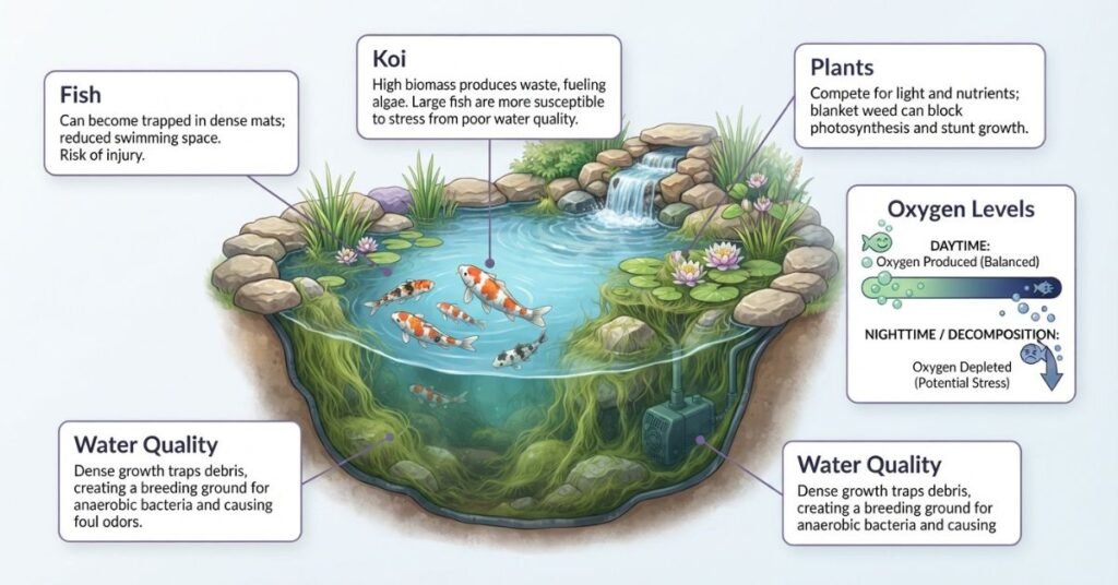 Effects of heavy blanket weed growth on koi, fish, plants, water quality, and oxygen