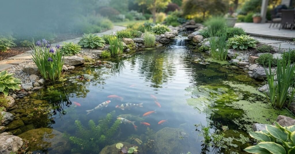 Healthy pond with controlled algae, aquatic plants, and fish showing balanced pond conditions
