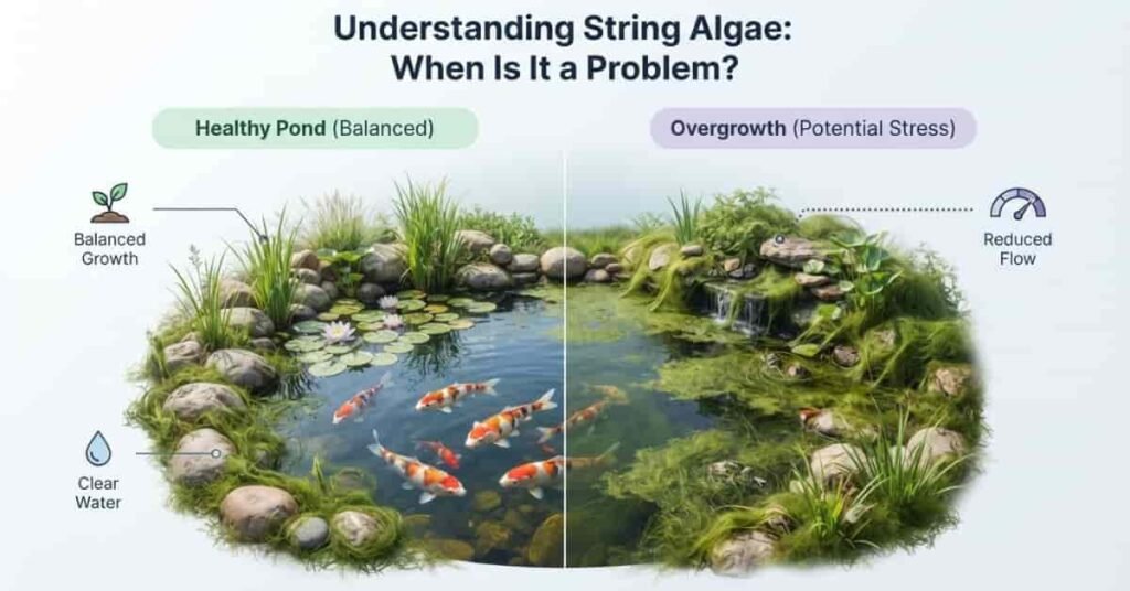 String algae in a pond showing manageable growth and excessive algae buildup