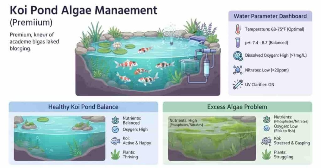 Koi pond algae management illustration showing safe practices for protecting fish health