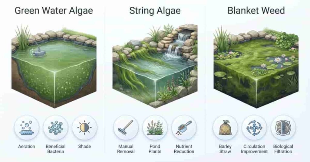 Comparison infographic showing green water algae, string algae, and blanket weed with natural treatment methods.