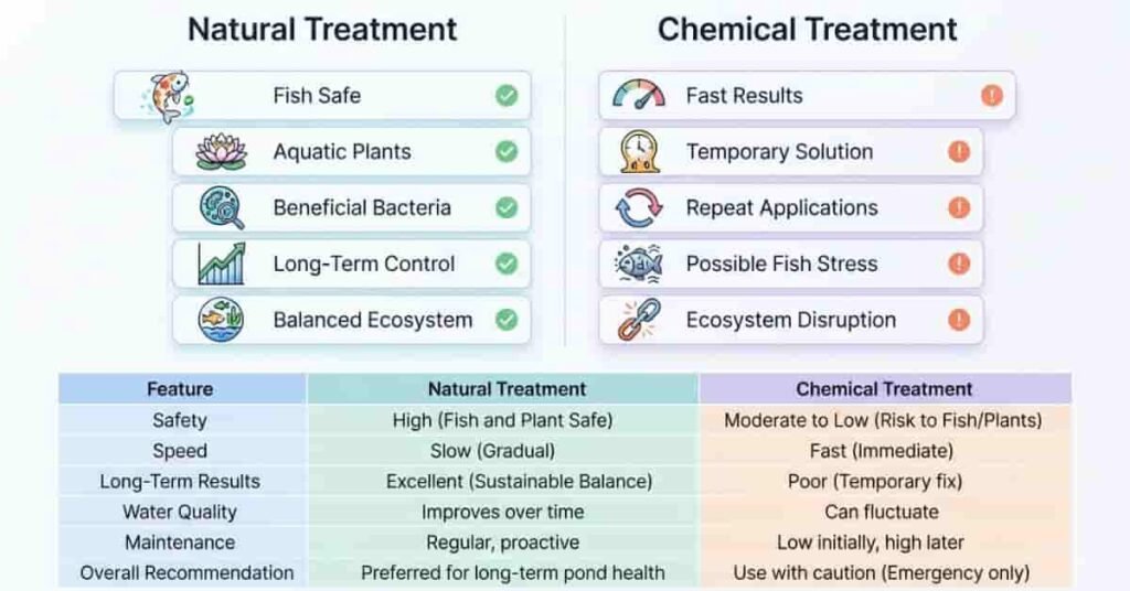 Natural vs chemical pond algae treatment comparison infographic showing safety, speed, and long-term effectiveness.