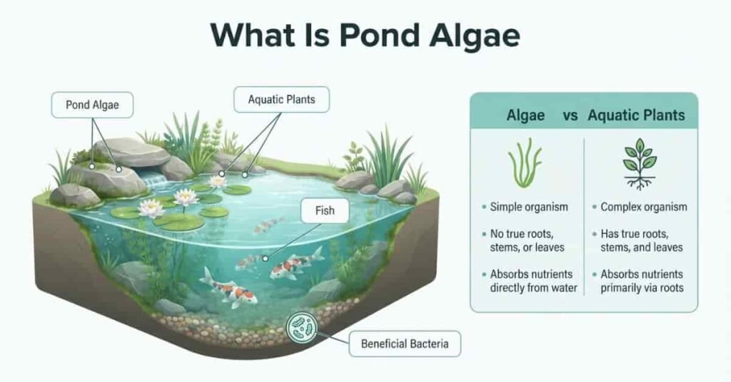 Professional infographic-style featured image showing healthy and excessive pond algae, common algae types, clear versus green pond water, aquatic plants, koi fish, and filtration system.
