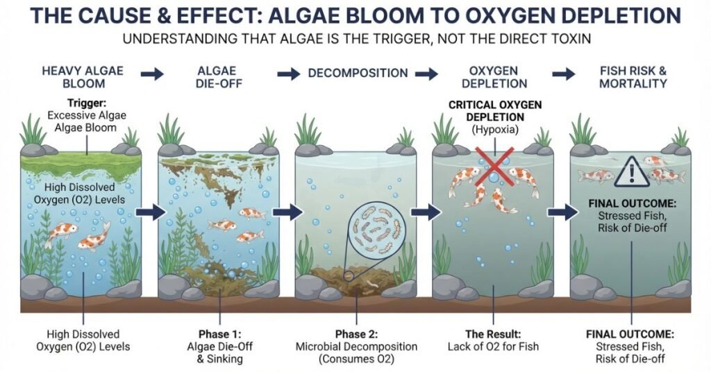 Pond algae die-off diagram showing oxygen depletion and fish risk