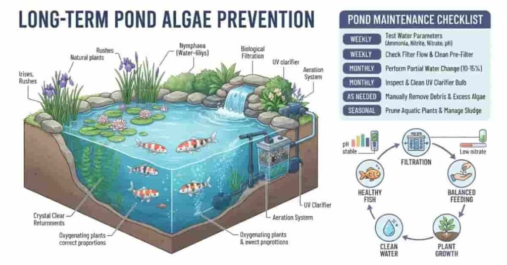 Long-term pond algae prevention infographic showing filtration plants and fish care methods