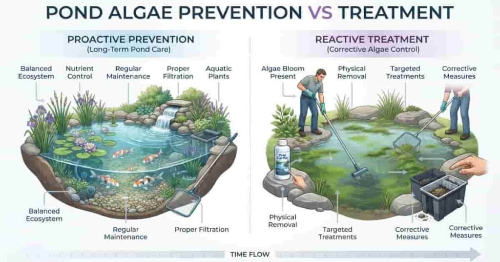 Pond algae prevention versus treatment showing proactive maintenance and reactive algae control