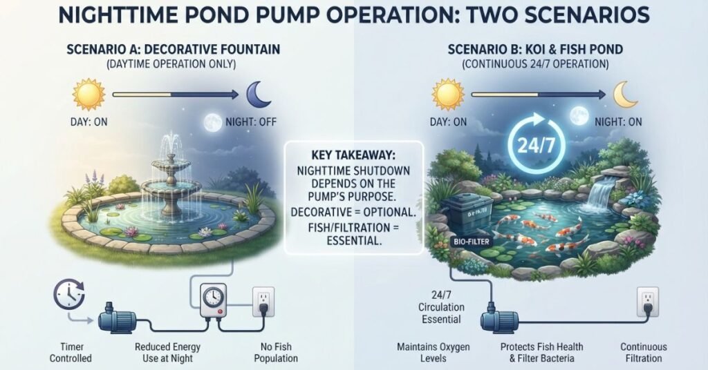 Pond pump nighttime operation comparison for decorative and fish ponds