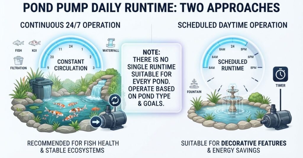 Pond pump daily runtime chart comparing continuous and scheduled operation