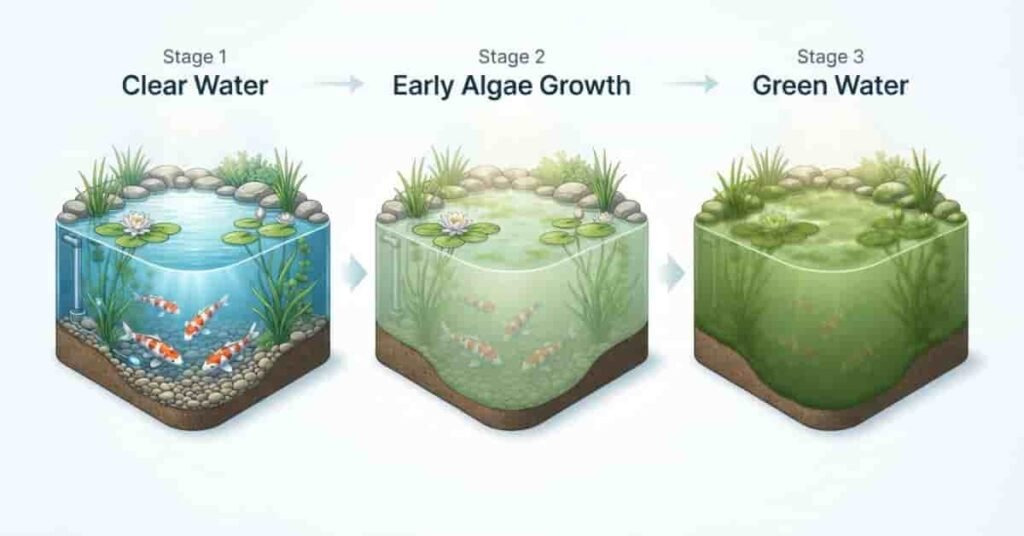 Pond water turning green from clear water to early algae bloom and cloudy green water