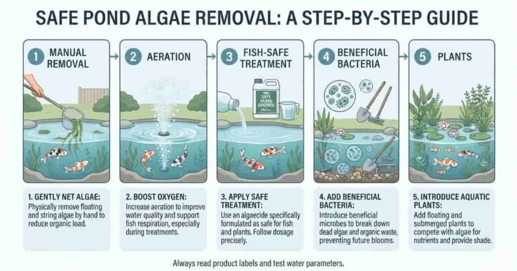 Safe methods to remove pond algae with fish including aeration and natural algae control techniques