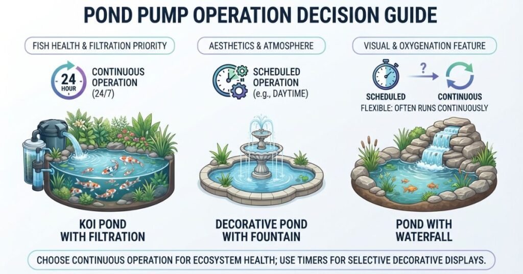 Pond pump runtime comparison for fish ponds, filtration systems, and decorative ponds
