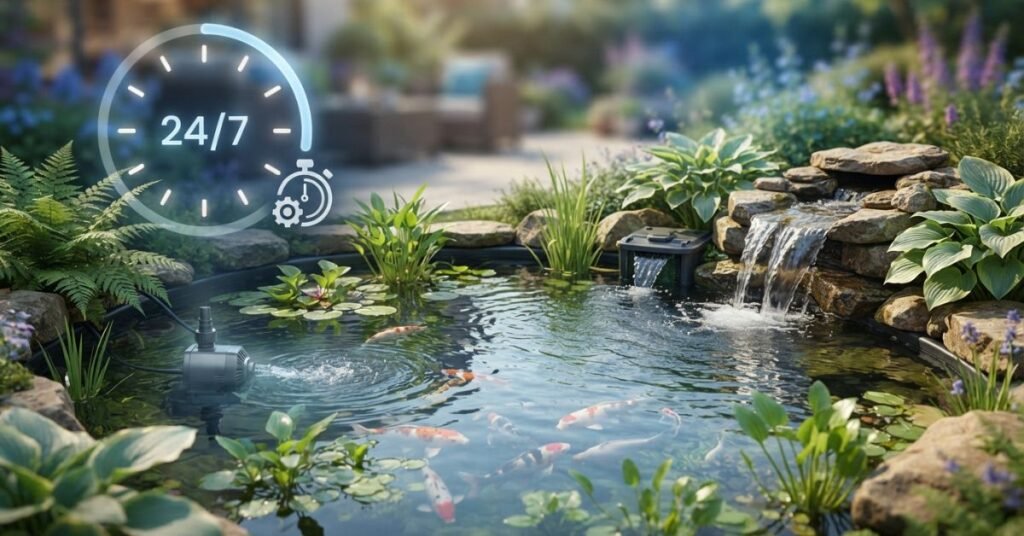 Professional pond pump circulation setup showing continuous water movement and filtration