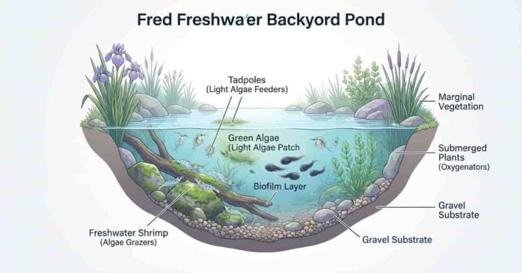 Freshwater shrimp and tadpoles eating algae in a pond