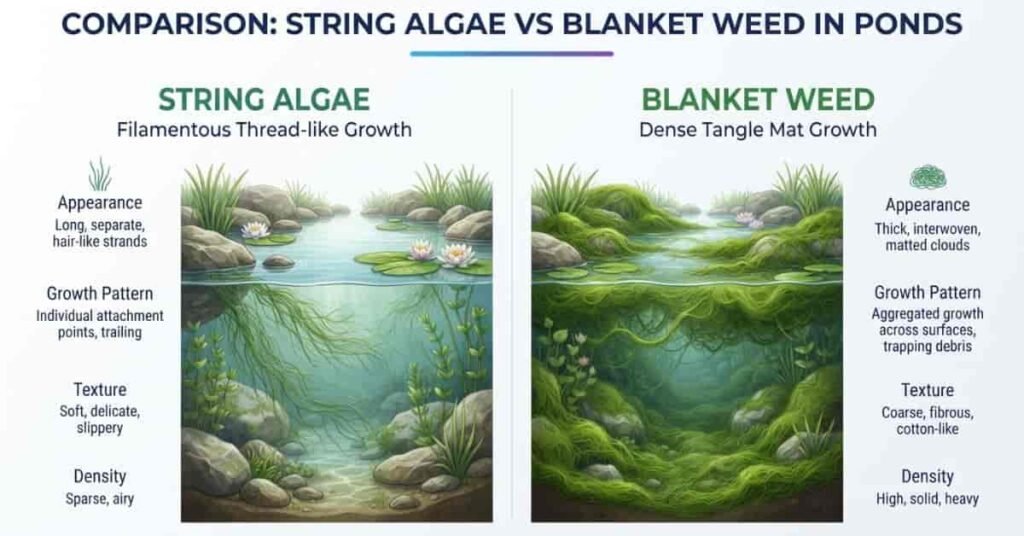 String algae vs blanket weed showing loose green threads and dense algae mats