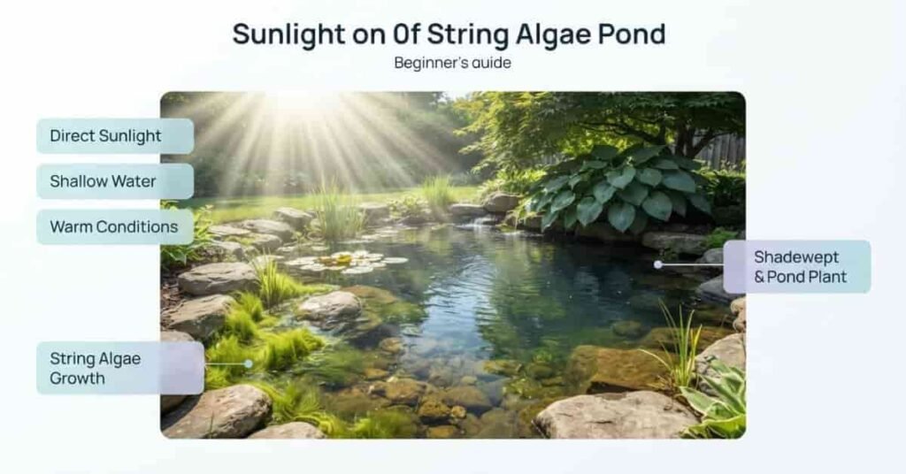 Educational pond diagram showing how direct sunlight and shallow water can encourage string algae growth