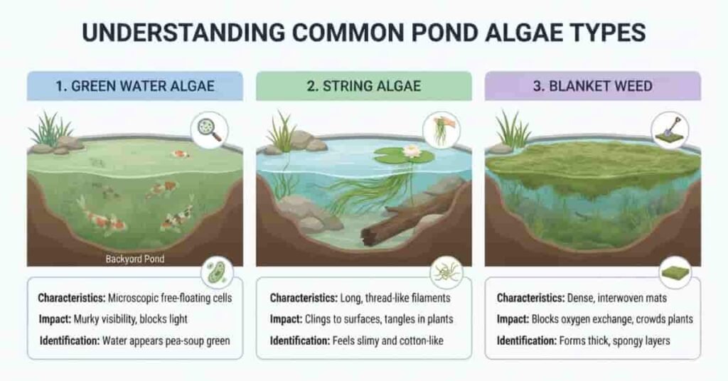 Comparison infographic showing common types of algae found in fish ponds