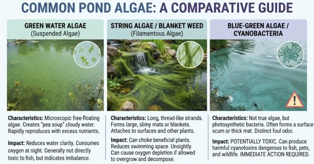 Types of pond algae including green water, string algae, and blue-green algae