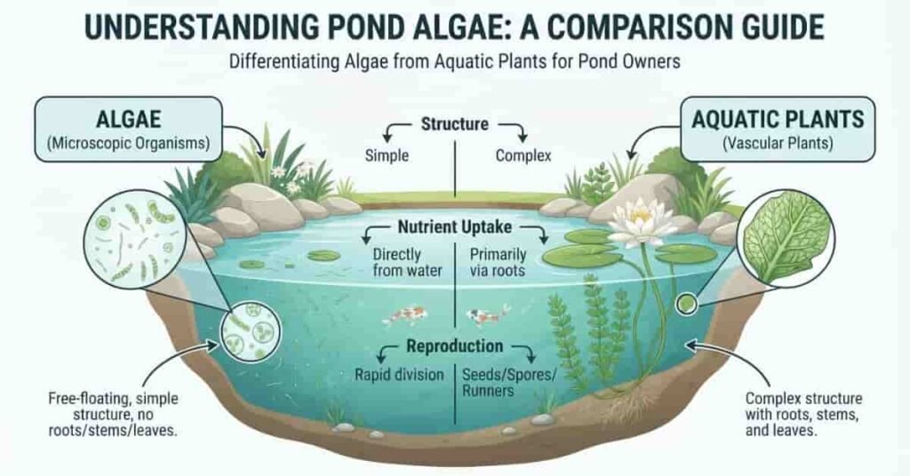 Pond algae vs aquatic plants comparison showing algae growth in a pond ecosystem