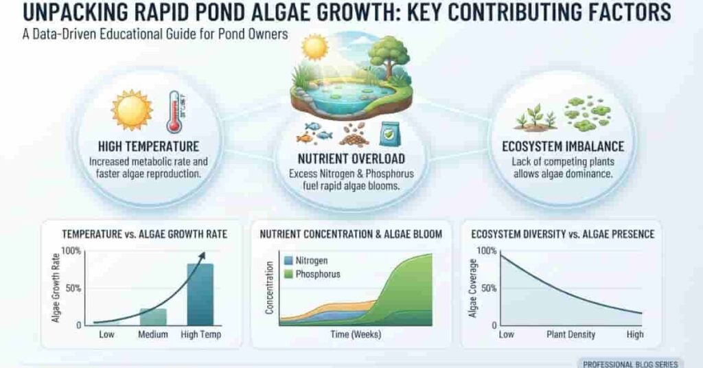 Factors that cause fast algae growth in ponds including heat, nutrients, and imbalance