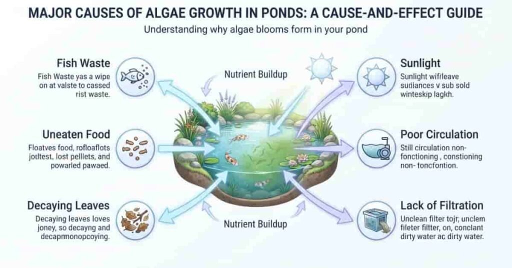 Main causes of algae in ponds including nutrients, sunlight, fish waste, and poor circulation