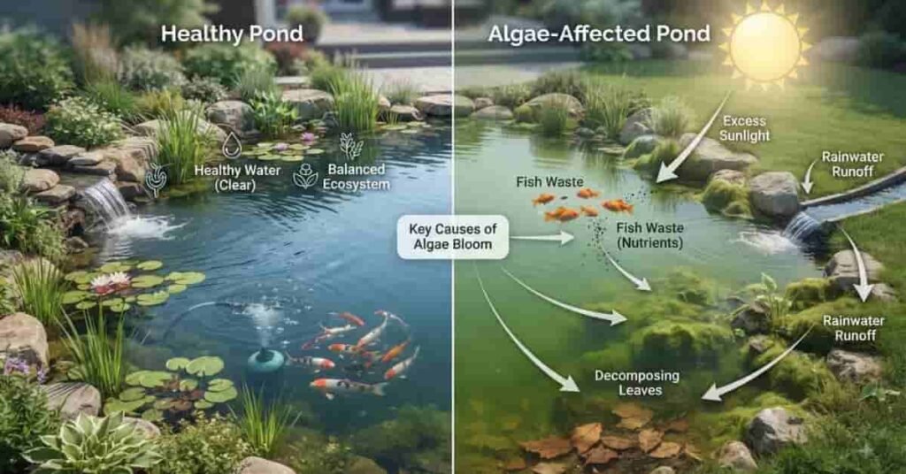 What causes algae in ponds showing sunlight, nutrients, fish waste, and pond algae growth factors