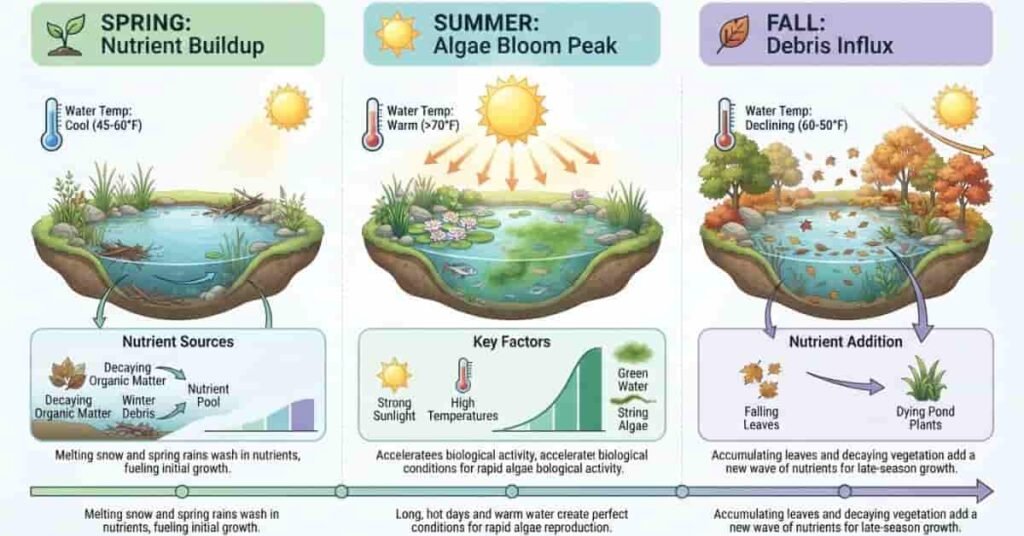 Seasonal factors that increase algae growth in ponds during spring and summer