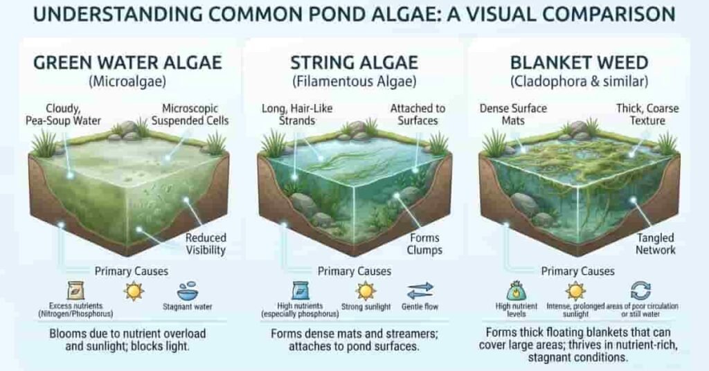 Types of pond algae including green water algae, string algae, and blanket weed