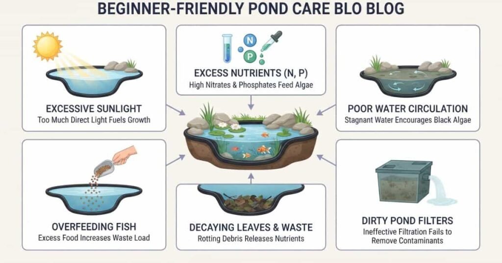Main causes of black algae in ponds including sunlight nutrients poor circulation and waste