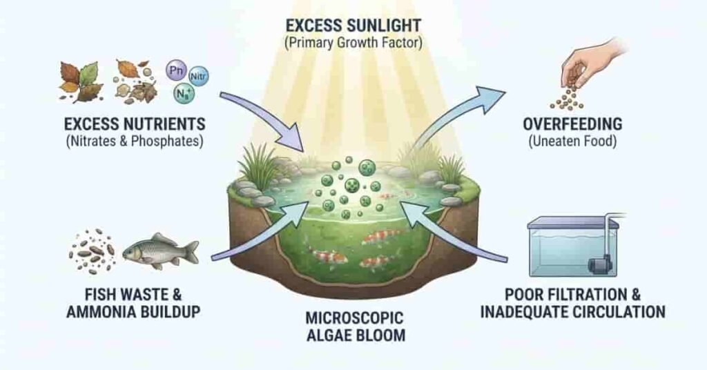 Main causes of green pond water including nutrients sunlight fish waste and poor filtration
