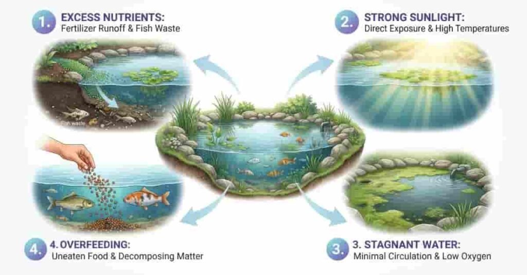 Pond algae causes including excess nutrients, sunlight, stagnant water, and overfeeding fish