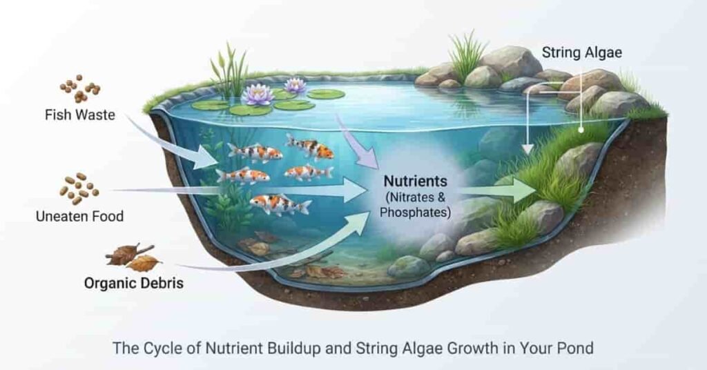 Diagram showing how excess pond nutrients from fish waste and organic debris cause string algae growth