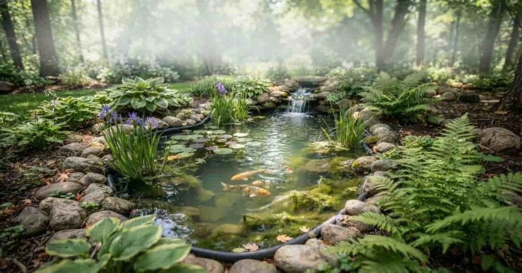 What causes string algae growing along the edges of a backyard koi pond