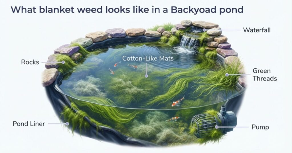 What blanket weed looks like on pond rocks, liner, waterfall, and pump