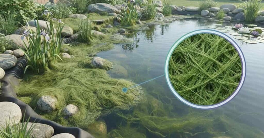 What blanket weed looks like as thick green tangled algae mats in a pond