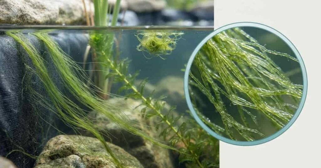 What string algae looks like with long green hair-like threads in a pond