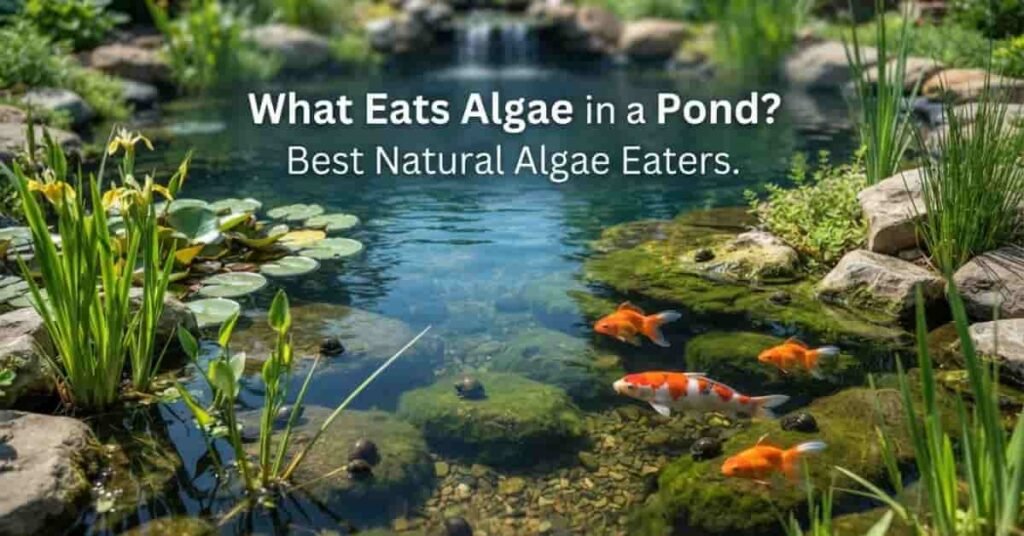Koi, goldfish, and pond snails naturally eating algae in a backyard pond