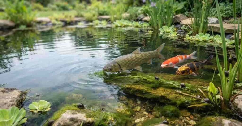 What eats string algae in ponds including grass carp, koi, and pond snails