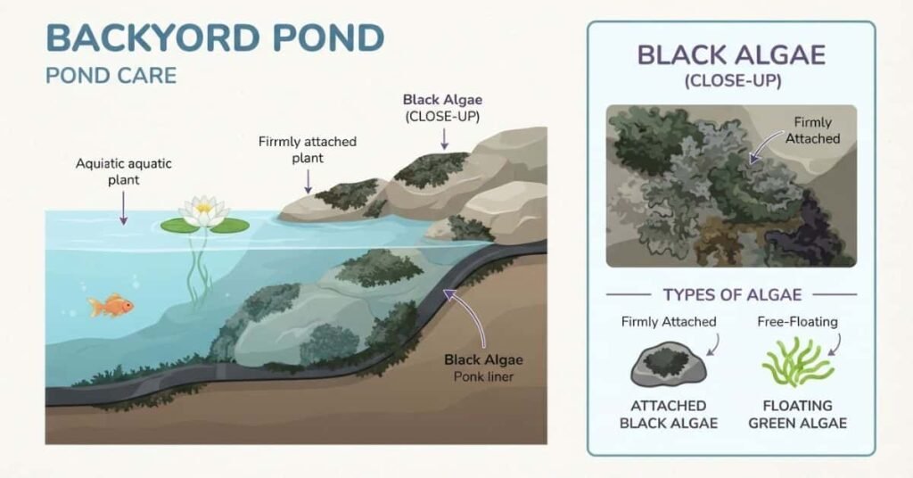 Black algae growing on pond rocks and liner compared with green algae
