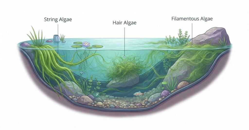 Close-up illustration showing blanket weed filamentous algae in a pond
