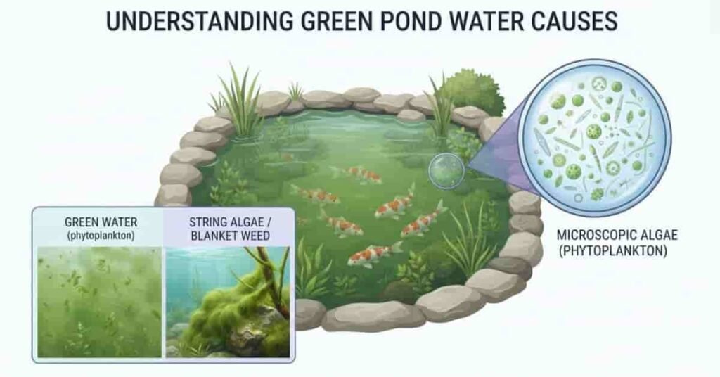 Green pond water caused by microscopic algae compared with string algae