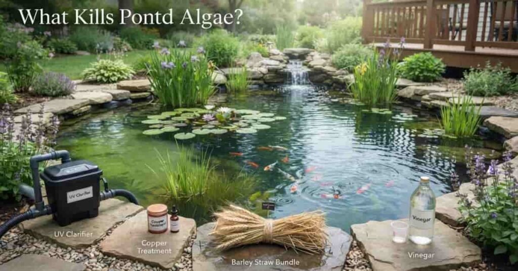 What kills pond algae comparison of UV copper barley straw and vinegar