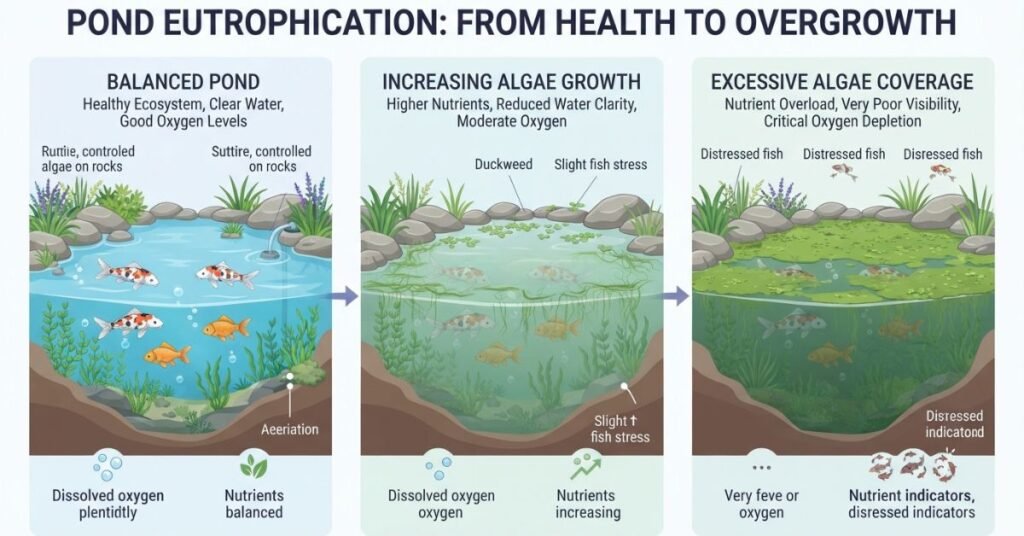 Pond algae overgrowth showing excessive algae, poor water clarity, and pond imbalance