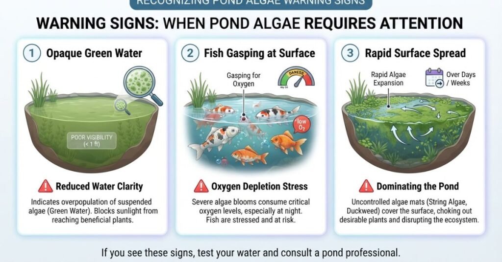 Signs of excessive pond algae including green water, stressed fish, and rapid algae growth