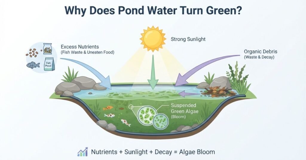 Why green pond water happens due to excess nutrients, sunlight, and algae growth