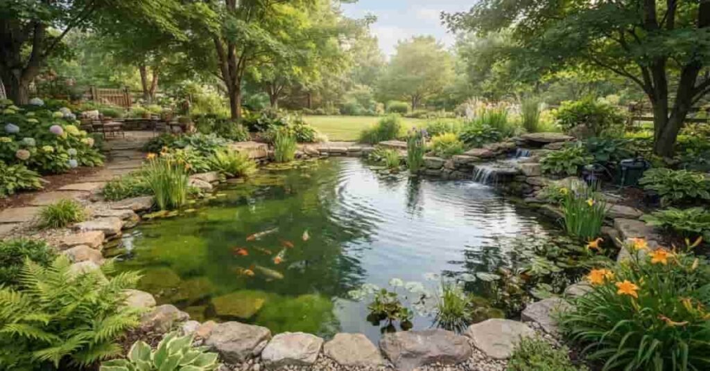 Green pond water caused by algae with filtration and healthy pond plants