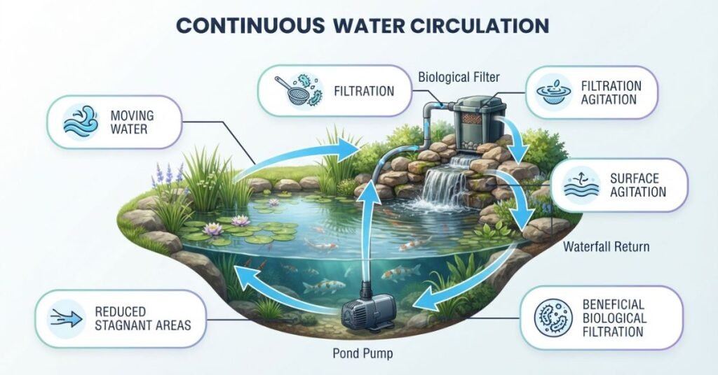Pond pump continuously circulating water through filtration and waterfall